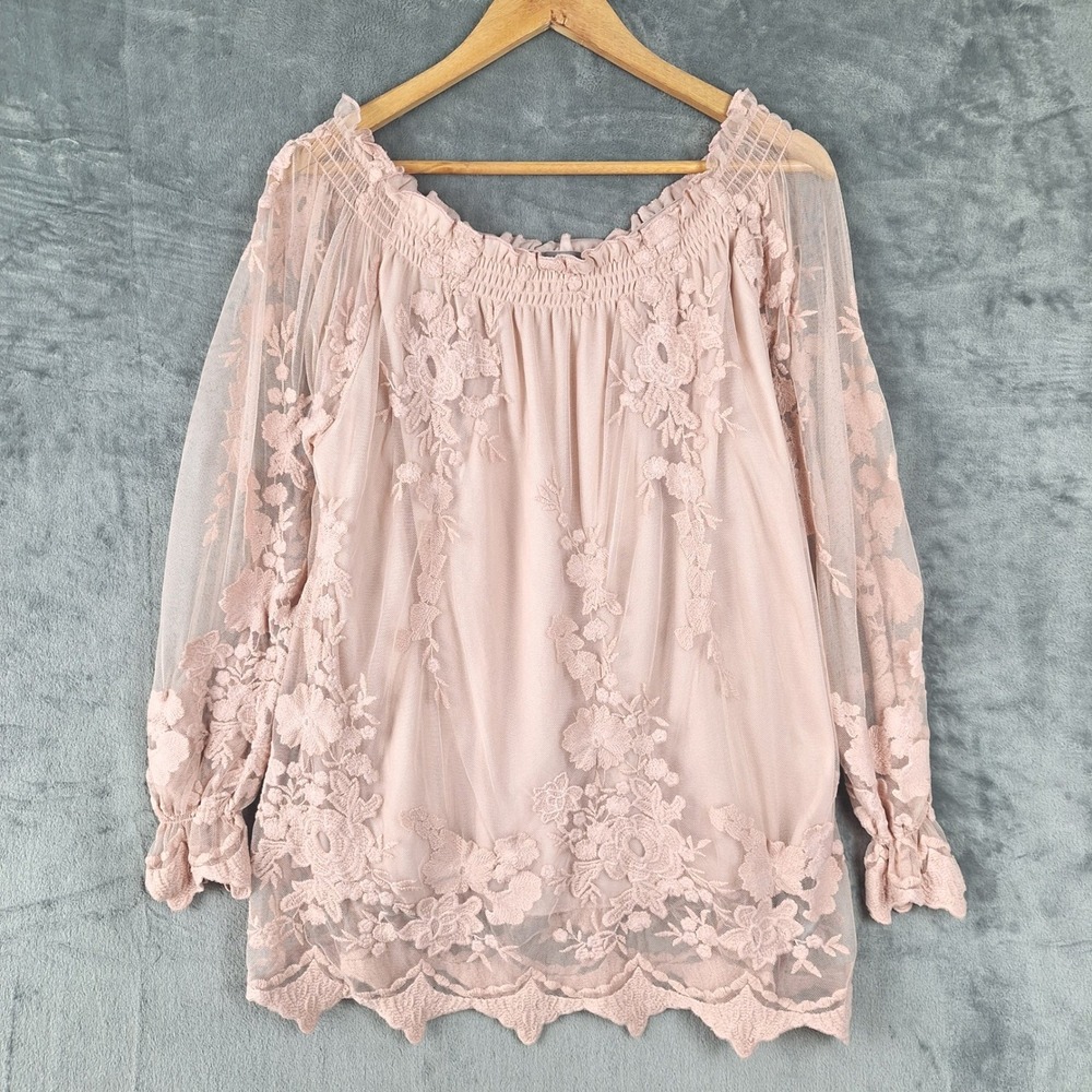 Womens Top XL Pink Floral Lace Fairy Romantic Sheer Mesh Off Shoulder Ethereal